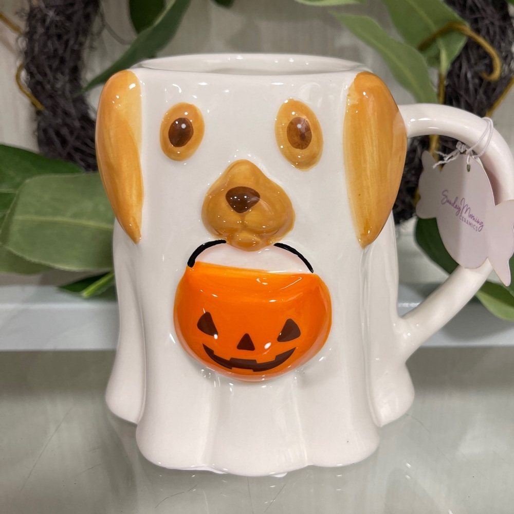 Halloween Ghost Dog Mug Trick or Treat Bag 🎃 Handpainted Ceramic Coffee Mug NWT